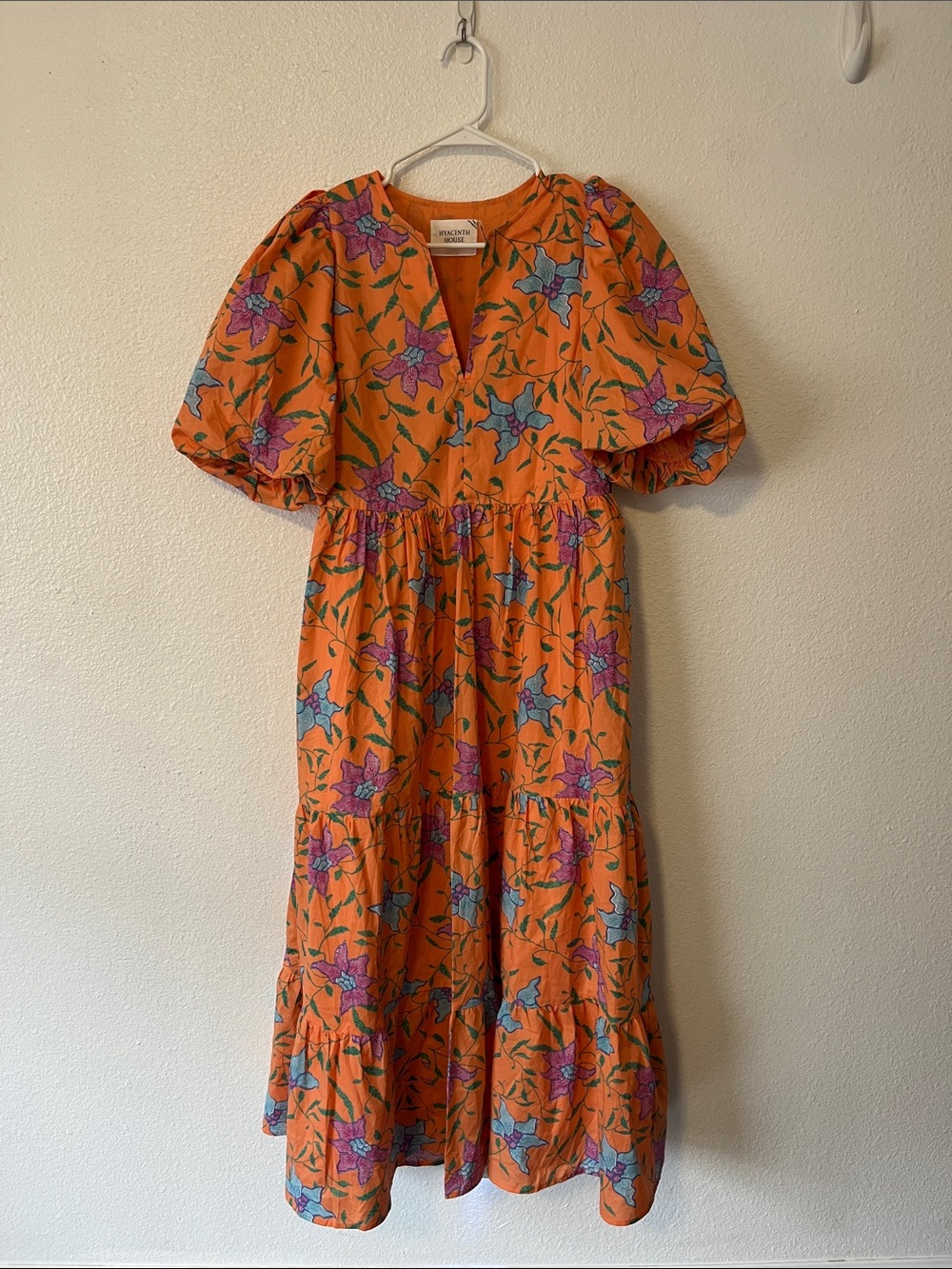 NWT Hyacinth House Orange Floral Maxi Dress with Puff Sleeves Size Small